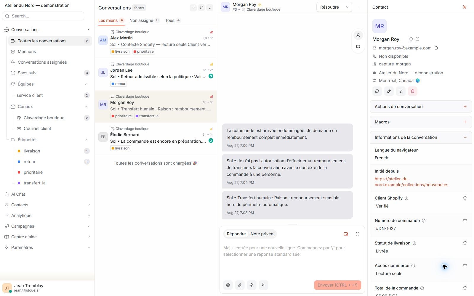 Conversation synthétique dans doue montrant une réponse de soutien et un transfert explicite vers une personne.