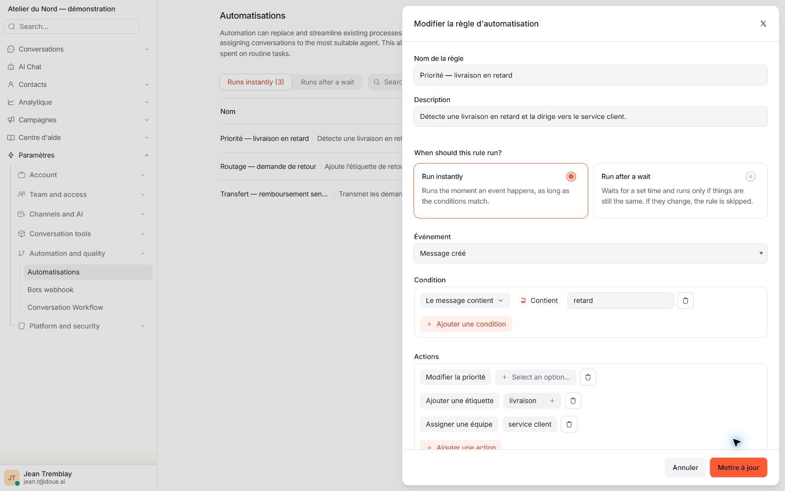 Éditeur d’automatisation doue montrant un déclencheur, des conditions et des actions de priorité, routage et étiquetage.