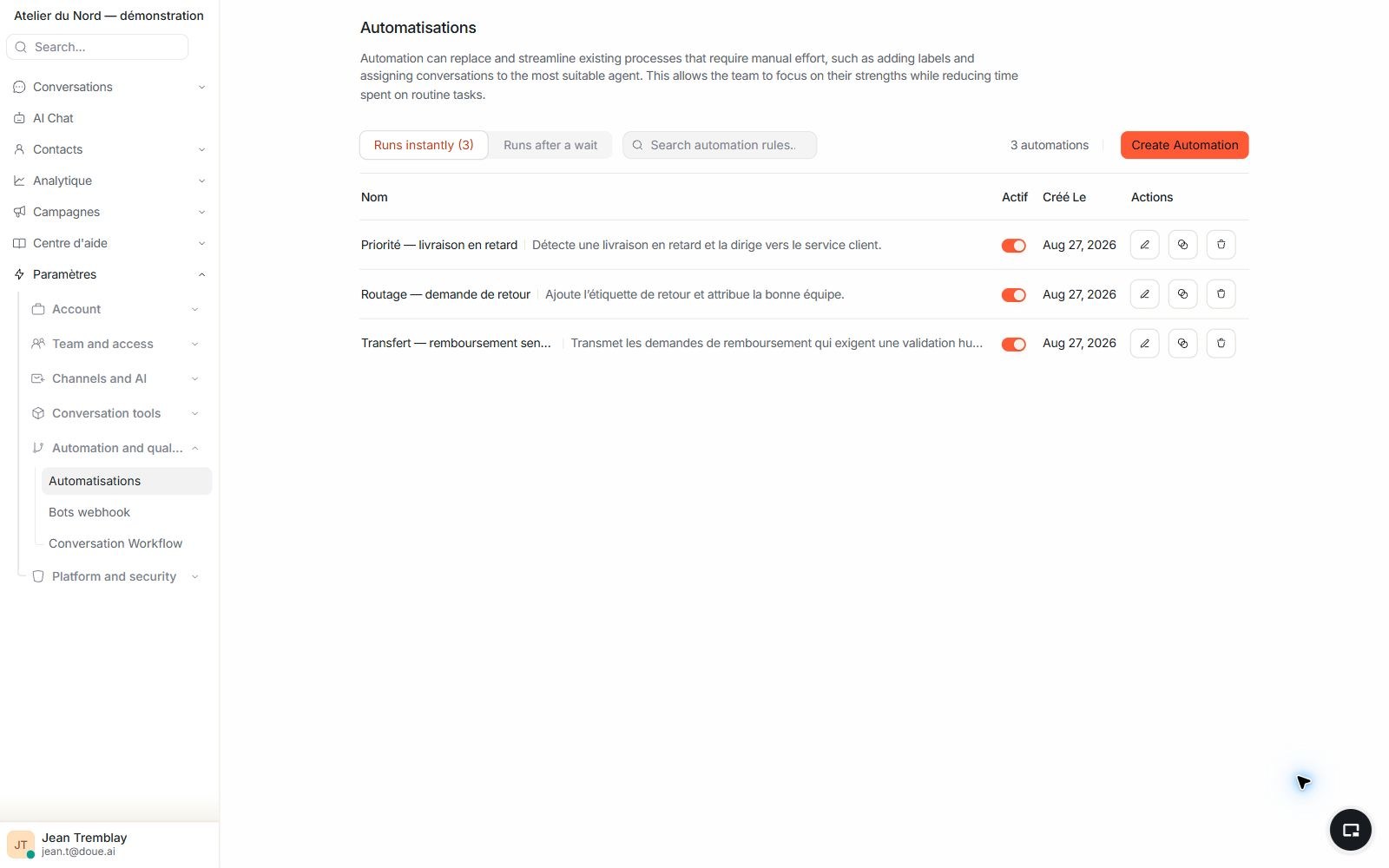 Liste réelle des règles d’automatisation d’un compte doue de démonstration avec leur état et leur déclencheur.
