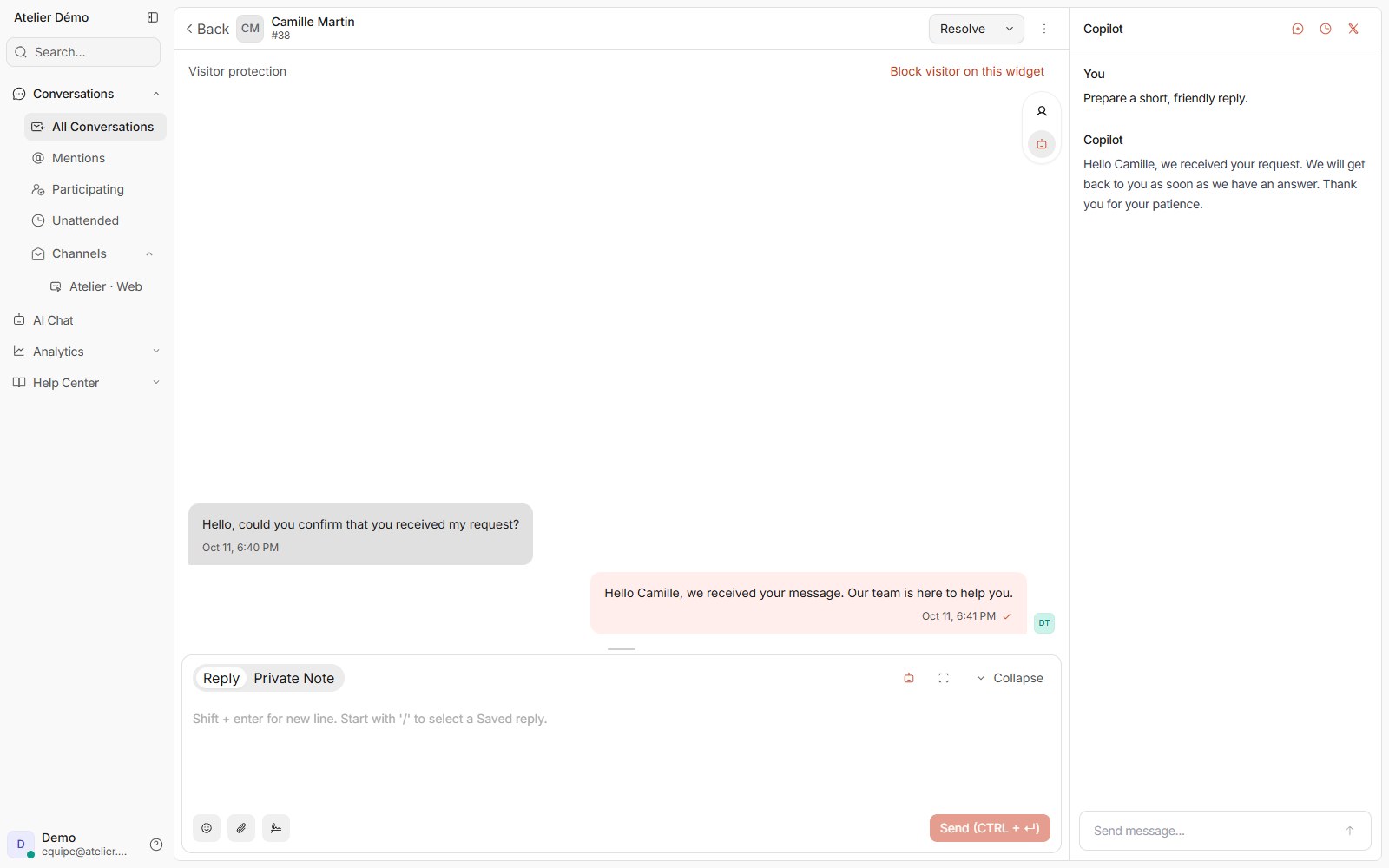 doue demonstration interface showing a copilot question and a reply to review.