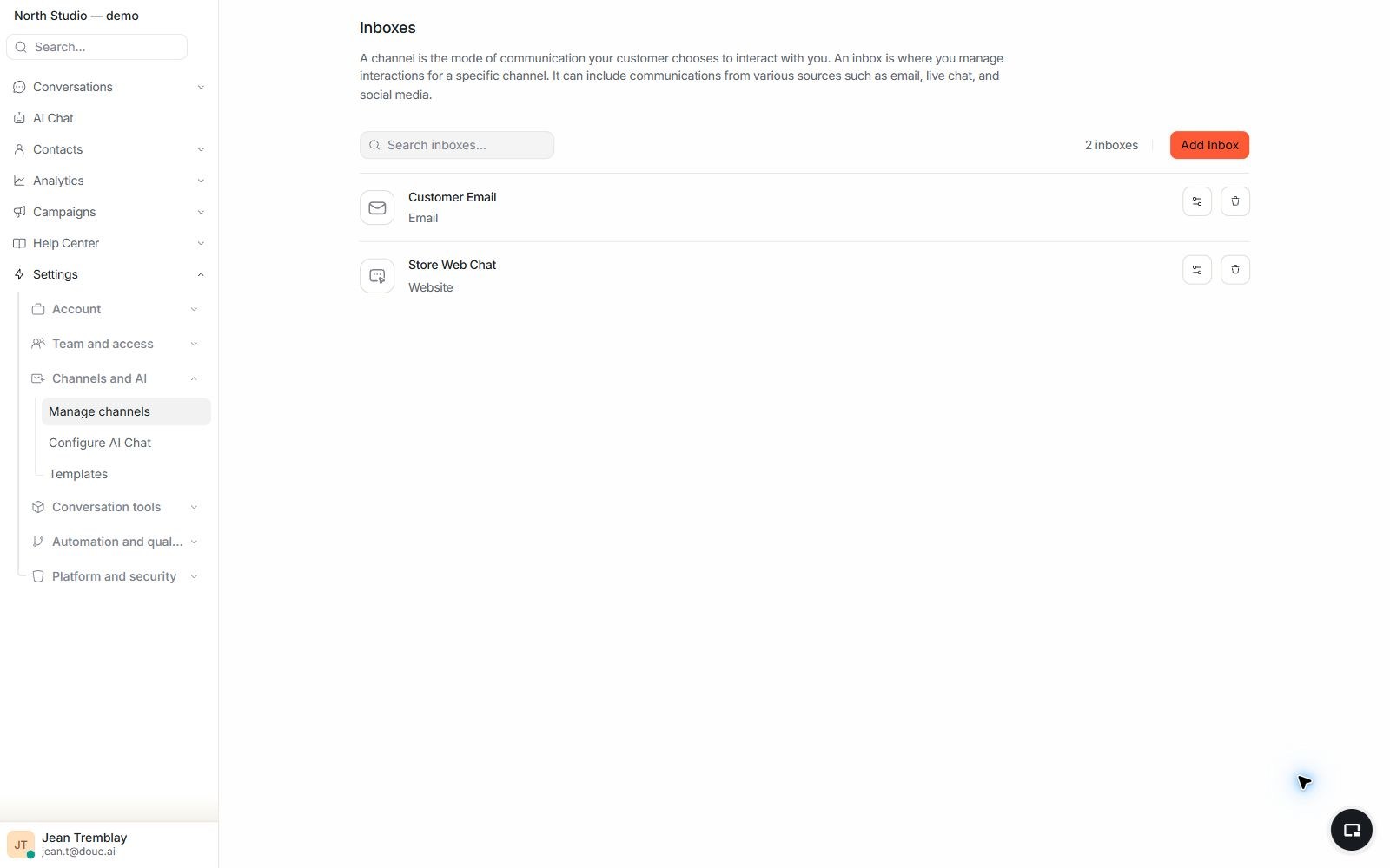 doue settings showing a web chat inbox and an email inbox configured for a demonstration account.