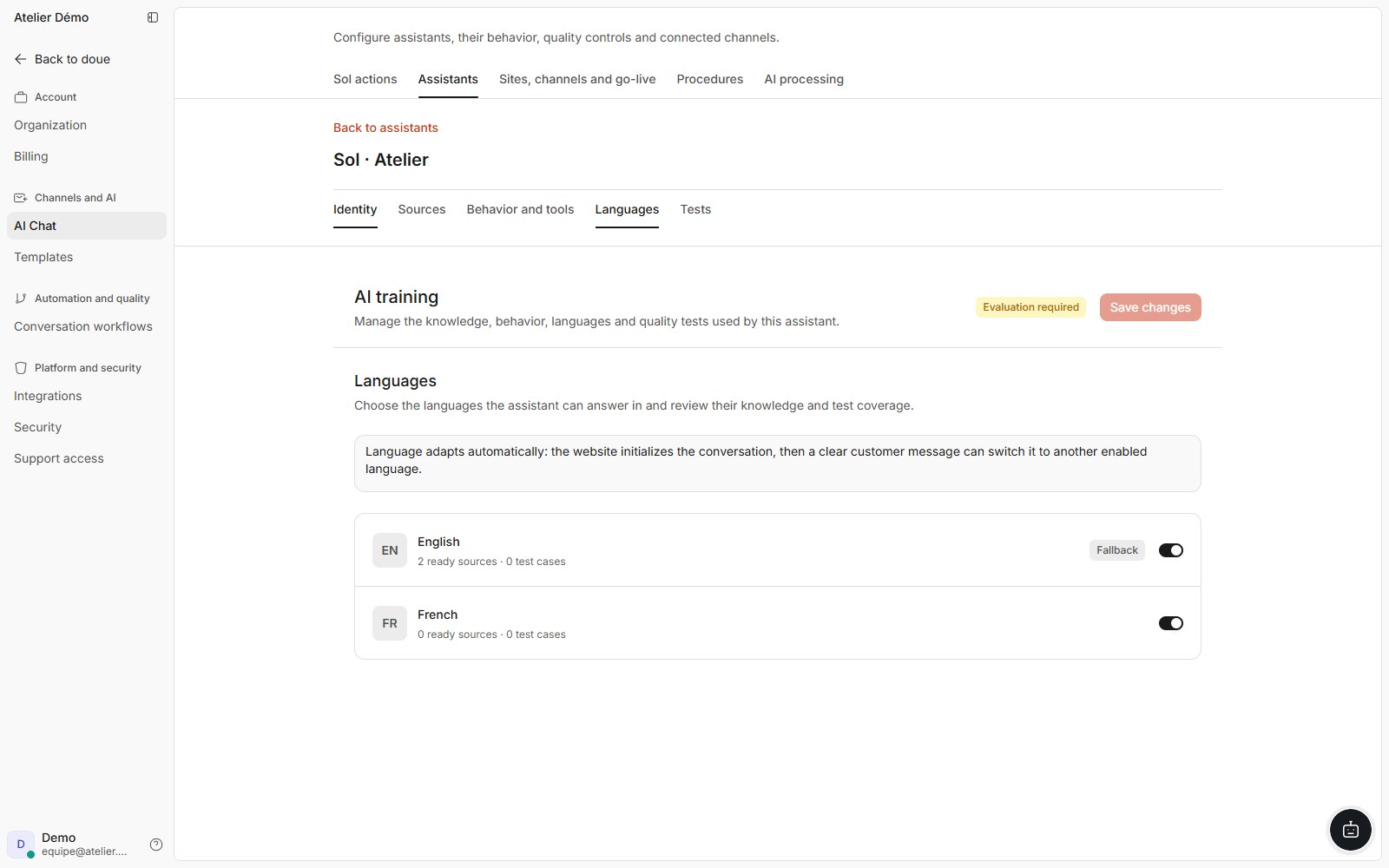 doue interface showing assistant languages and coverage of sources and tests in a synthetic account.