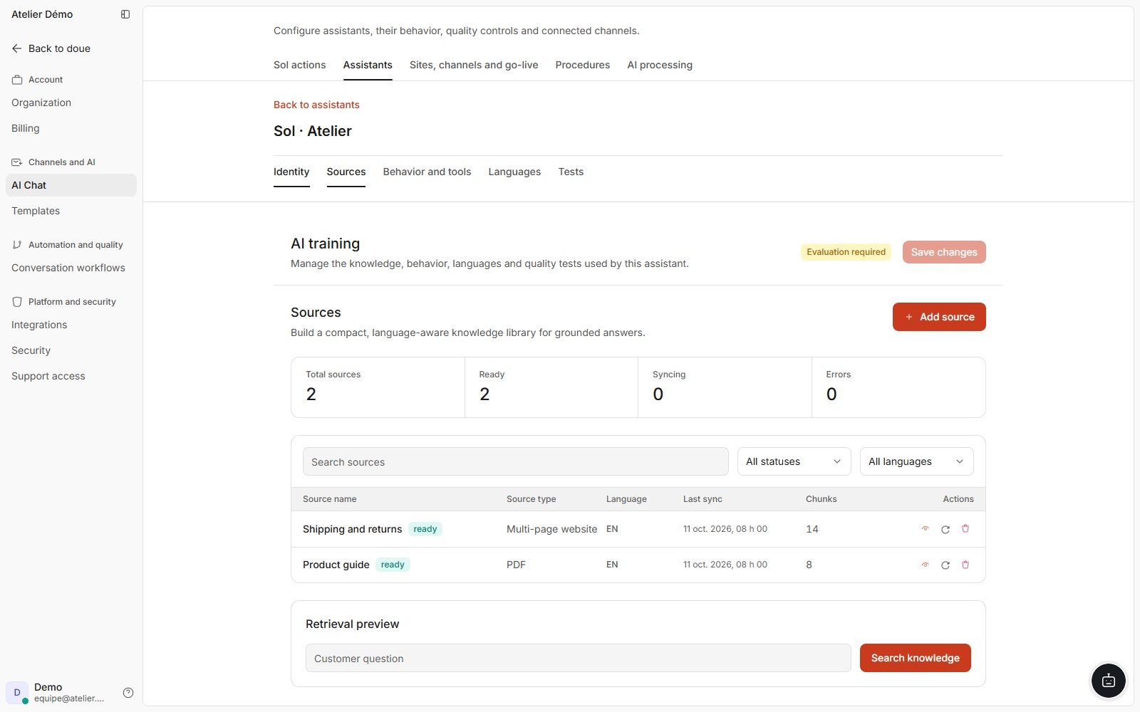 Compiled doue interface showing knowledge sources and their status with synthetic data.