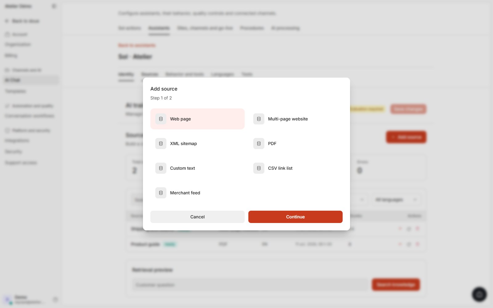 doue interface showing source type selection in a demo account.