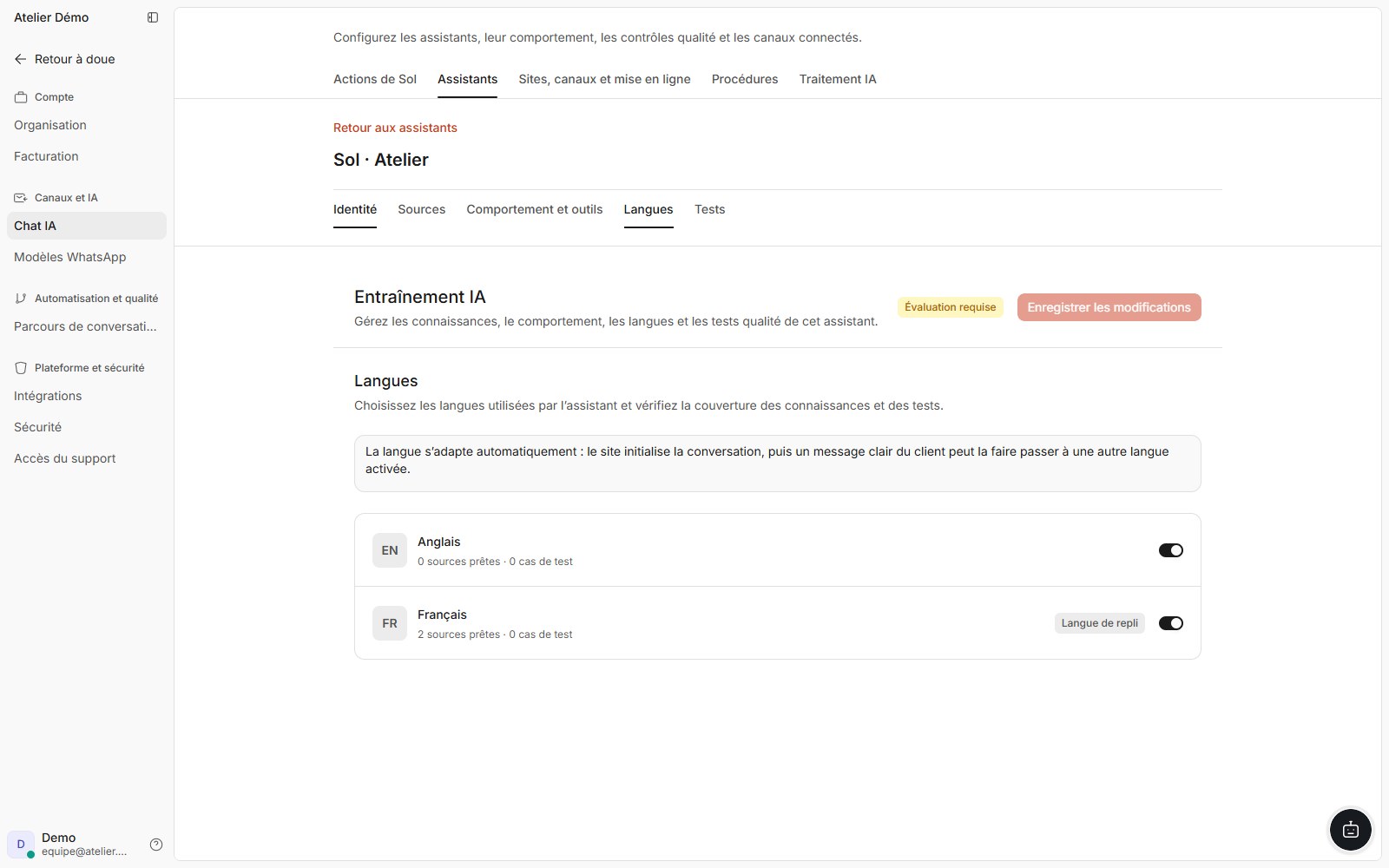 Interface doue montrant les langues de l’assistant et la couverture des sources et tests dans un compte synthétique.