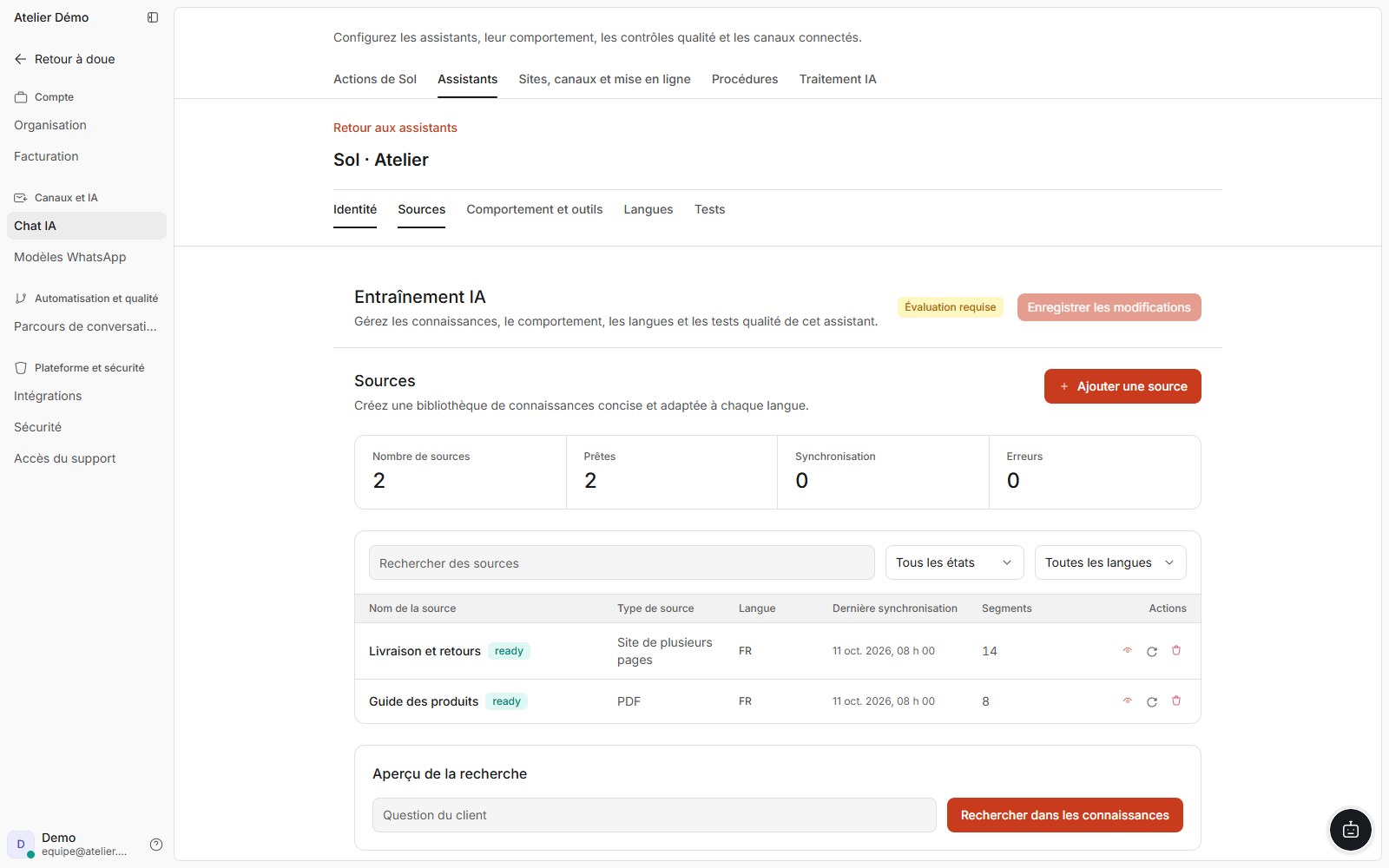 Interface compilée doue montrant les sources de connaissances et leurs états avec des données synthétiques.