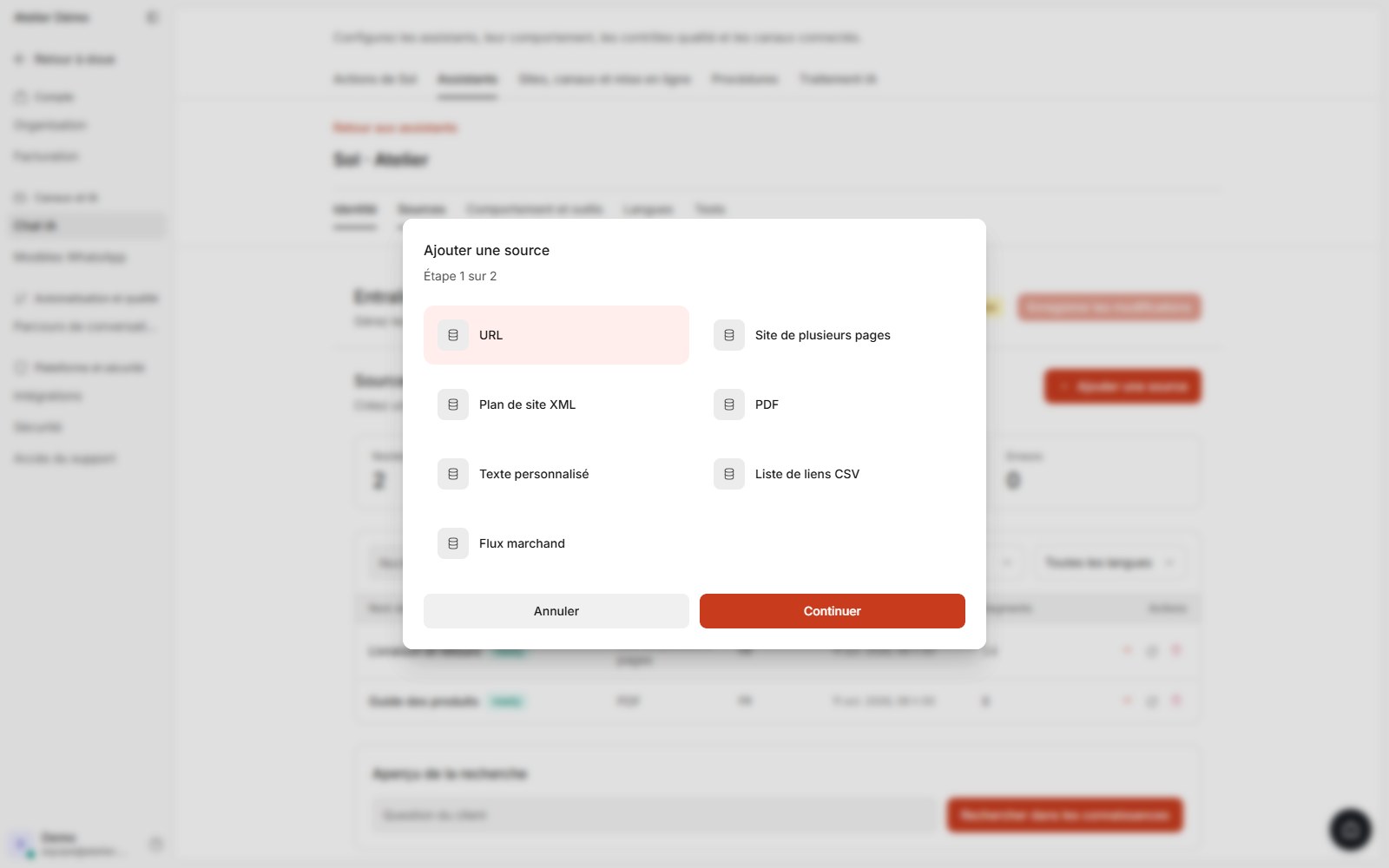 Interface doue montrant le choix du type de source dans un compte de démonstration.