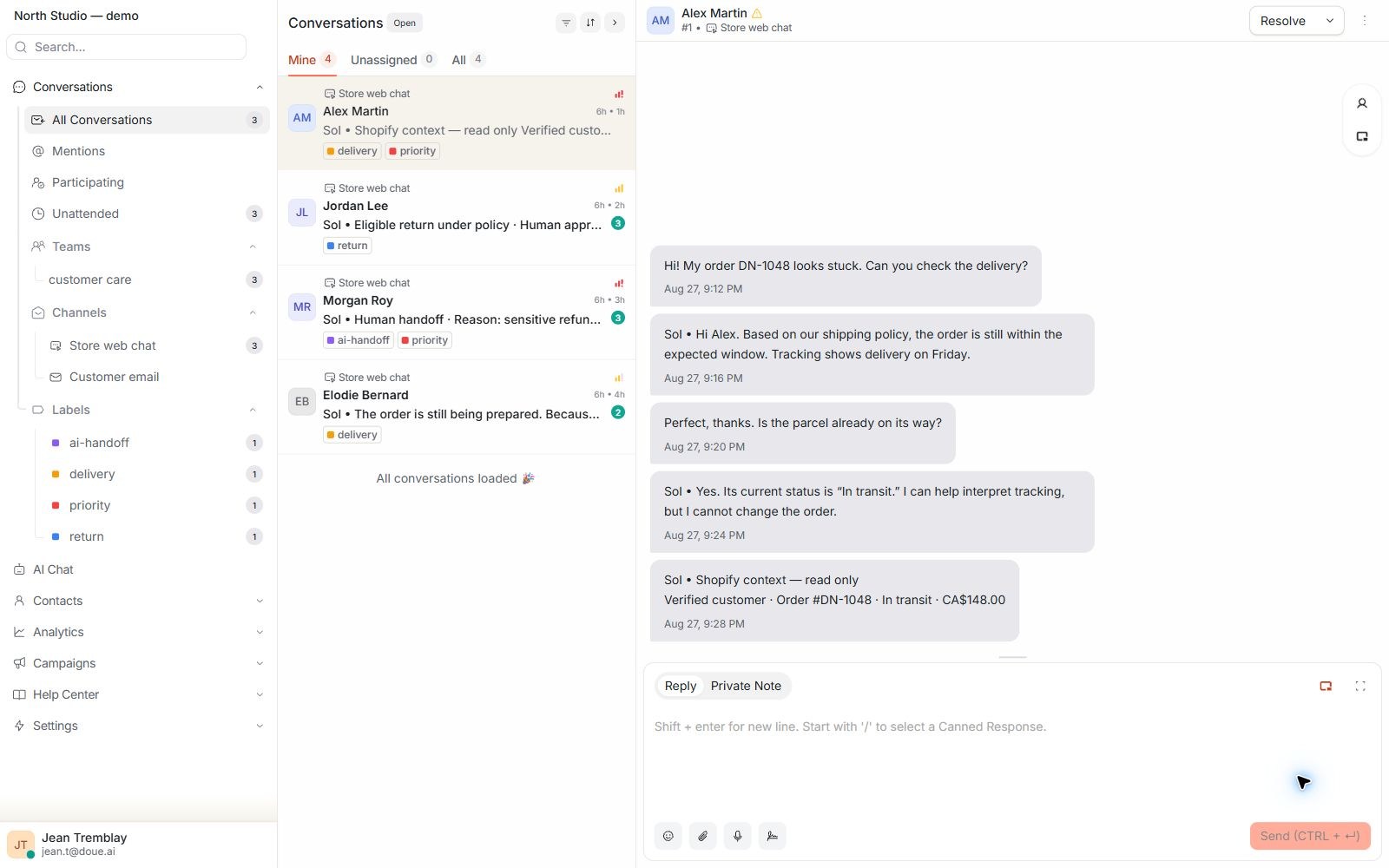 doue inbox showing a synthetic customer conversation, a support response, and the context panel.