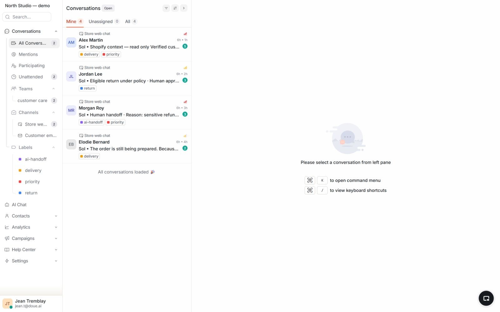 doue dashboard showing open conversations, priorities, and owners in a demonstration account.