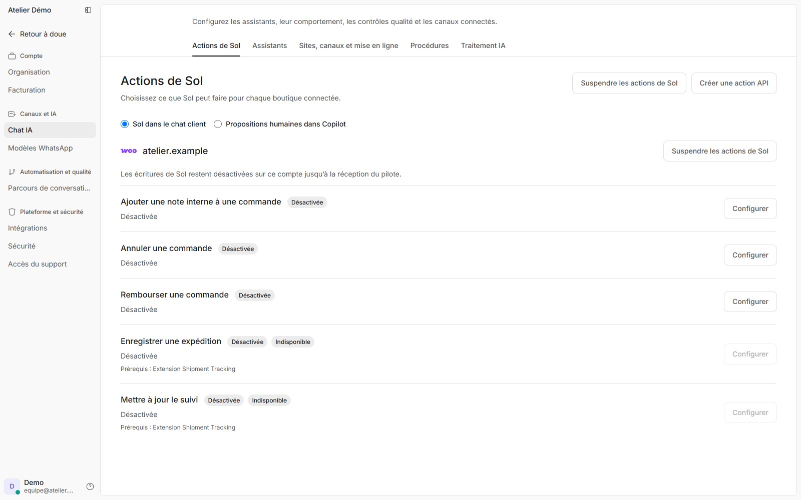 Contrôles WooCommerce en français dans doue montrant les opérations commerciales désactivées pour le compte de démonstration.