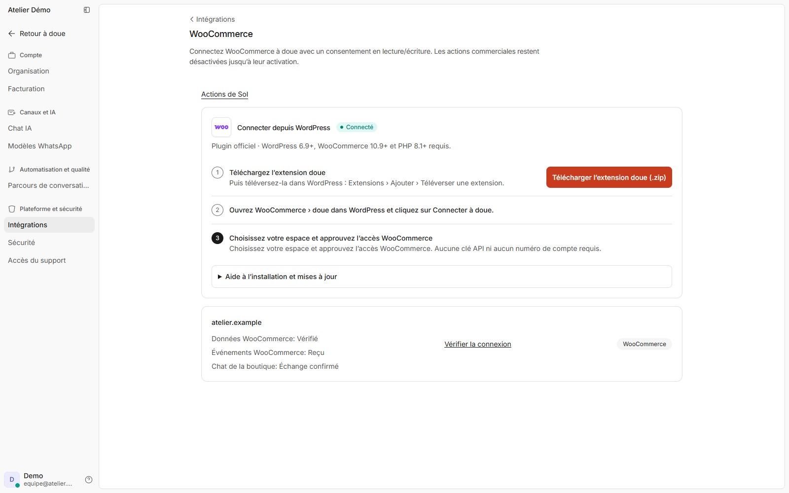 Écran réel de connexion WooCommerce dans doue, en français, avec les étapes du plugin et une boutique de démonstration synthétique.