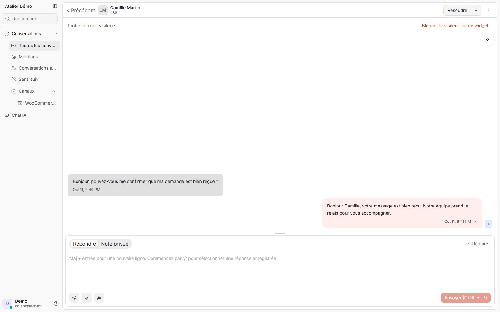 Conversation de démonstration WooCommerce en français dans doue, avec un message synthétique du visiteur et une réponse humaine.