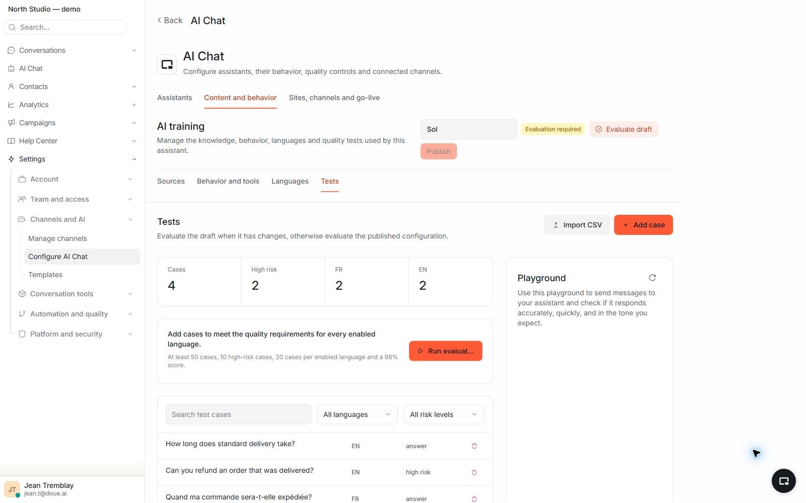 AI agent evaluation screen comparing expected answers with cases requiring human handoff.