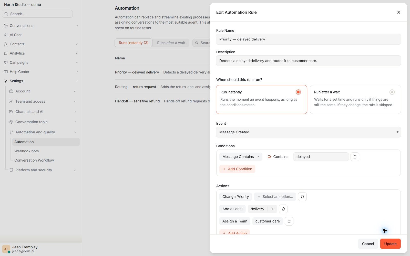 doue automation editor showing a trigger, conditions, and actions for priority, routing, and labels.