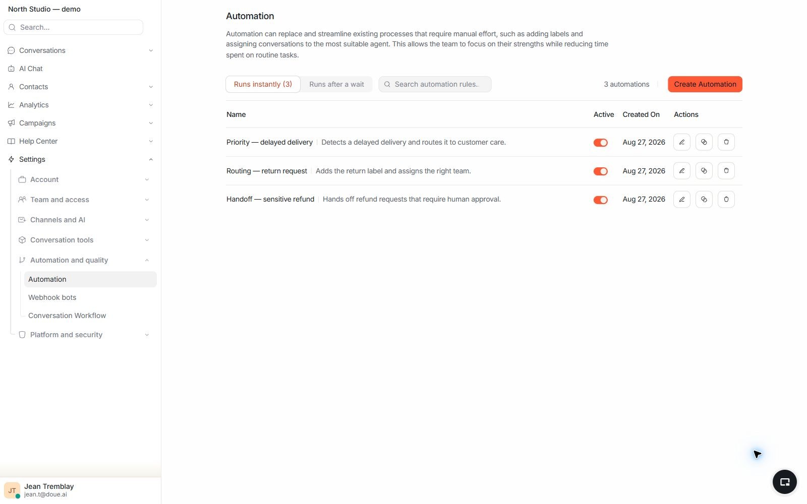 Real automation rule list in a doue demonstration account showing rule state and trigger.