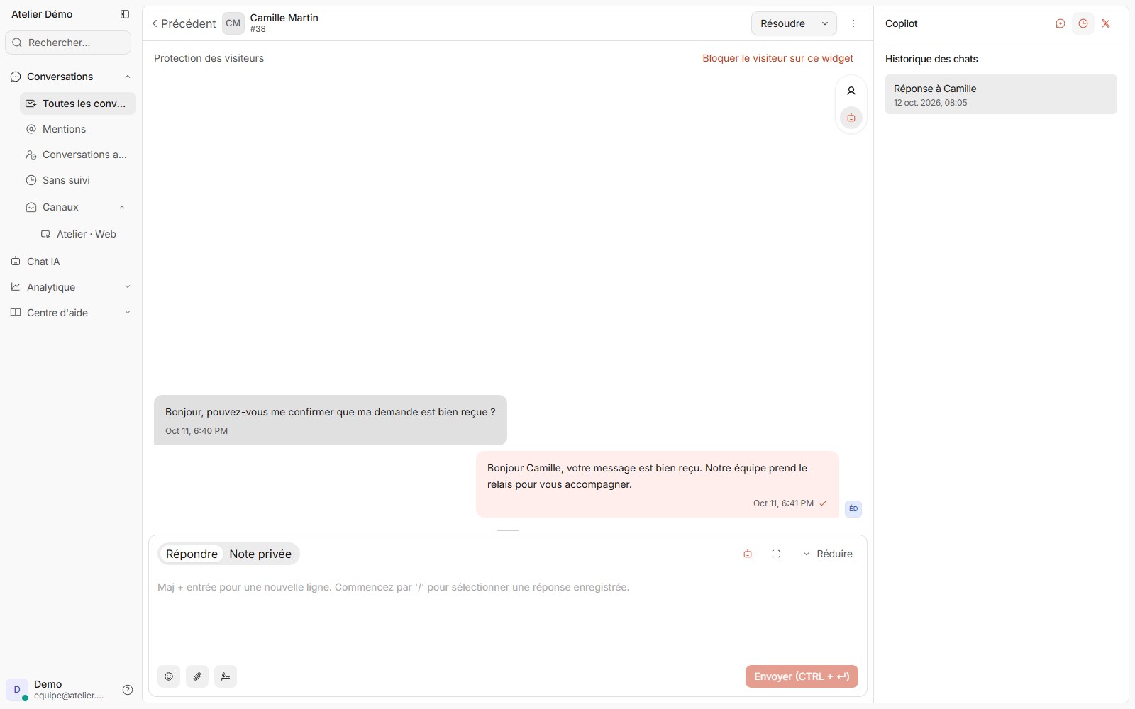 Interface doue montrant l’historique du copilote associé à une conversation synthétique.