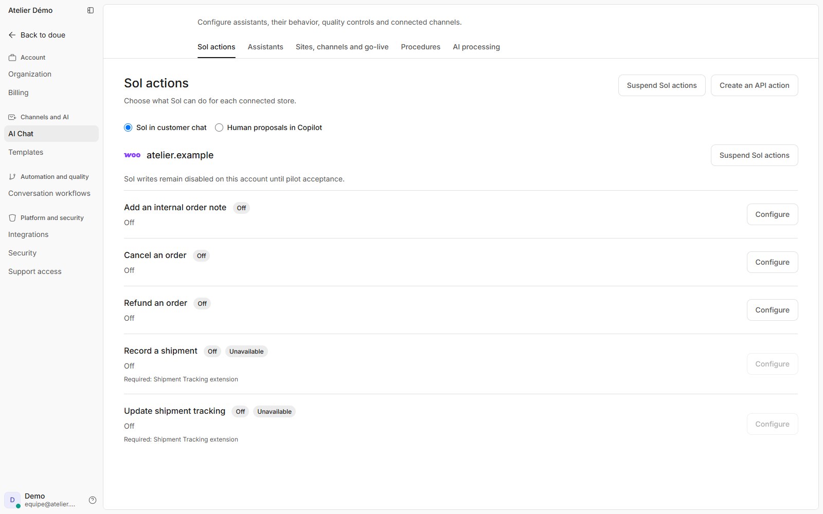 English WooCommerce controls in doue showing disabled commerce operations for the demonstration account.