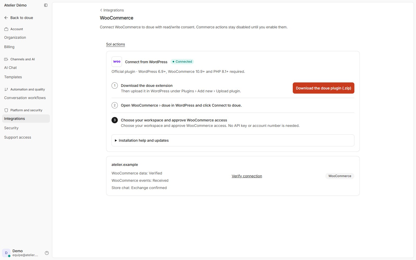 Real WooCommerce connection screen in doue, in English, with plugin steps and a synthetic demonstration store.